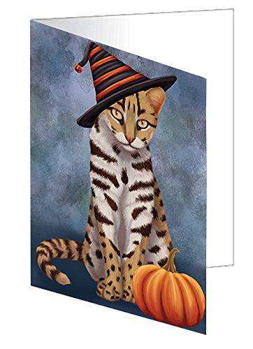 Happy Halloween Asian Leopard Cat Wearing Witch Hat with Pumpkin Handmade Artwork Assorted Pets Greeting Cards and Note Cards with Envelopes for All Occasions and Holiday Seasons