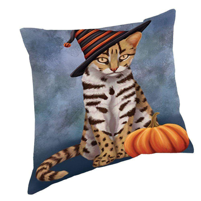 Happy Halloween Asian Leopard Cat Wearing Witch Hat with Pumpkin Throw Pillow
