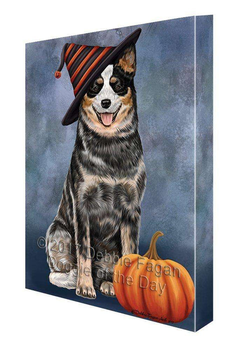 Happy Halloween Australian Cattle Dog Wearing Witch Hat with Pumpkin Canvas Wall Art