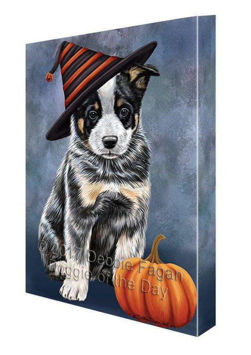 Happy Halloween Australian Cattle Dog Wearing Witch Hat with Pumpkin Canvas Wall Art