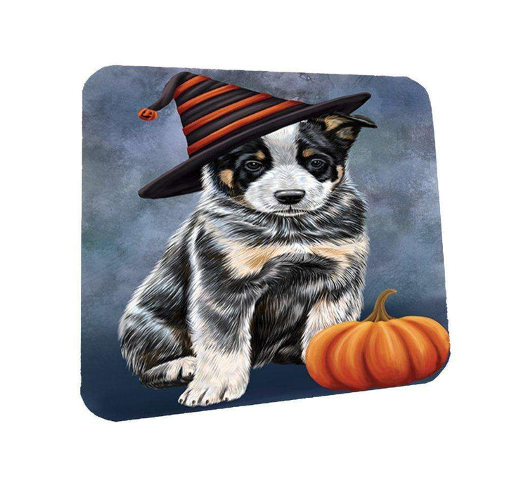 Happy Halloween Australian Cattle Dog Wearing Witch Hat with Pumpkin Coasters Set of 4