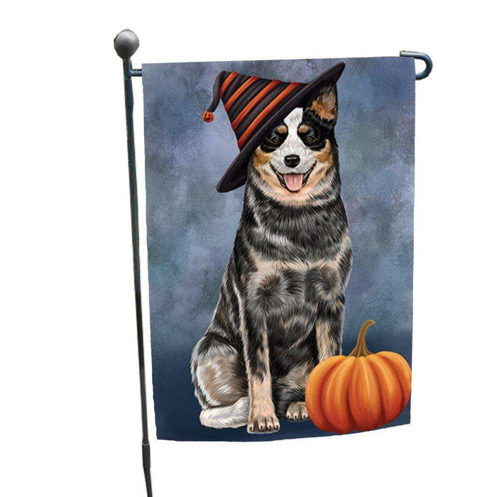 Happy Halloween Australian Cattle Dog Wearing Witch Hat with Pumpkin Garden Flag