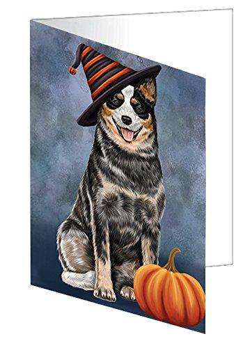 Happy Halloween Australian Cattle Dog Wearing Witch Hat with Pumpkin Handmade Artwork Assorted Pets Greeting Cards and Note Cards with Envelopes for All Occasions and Holiday Seasons