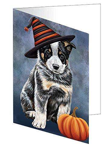 Happy Halloween Australian Cattle Dog Wearing Witch Hat with Pumpkin Handmade Artwork Assorted Pets Greeting Cards and Note Cards with Envelopes for All Occasions and Holiday Seasons