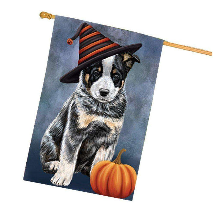 Happy Halloween Australian Cattle Dog Wearing Witch Hat with Pumpkin House Flag