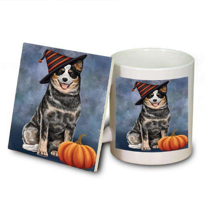 Happy Halloween Australian Cattle Dog Wearing Witch Hat with Pumpkin Mug and Coaster Set