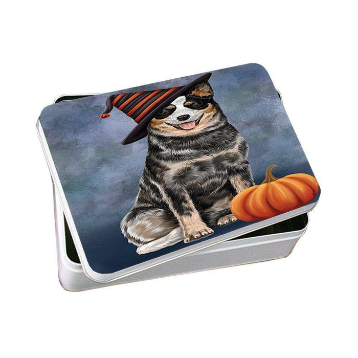 Happy Halloween Australian Cattle Dog Wearing Witch Hat with Pumpkin Photo Storage Tin