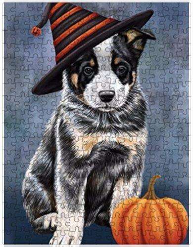 Happy Halloween Australian Cattle Dog Wearing Witch Hat with Pumpkin Puzzle with Photo Tin