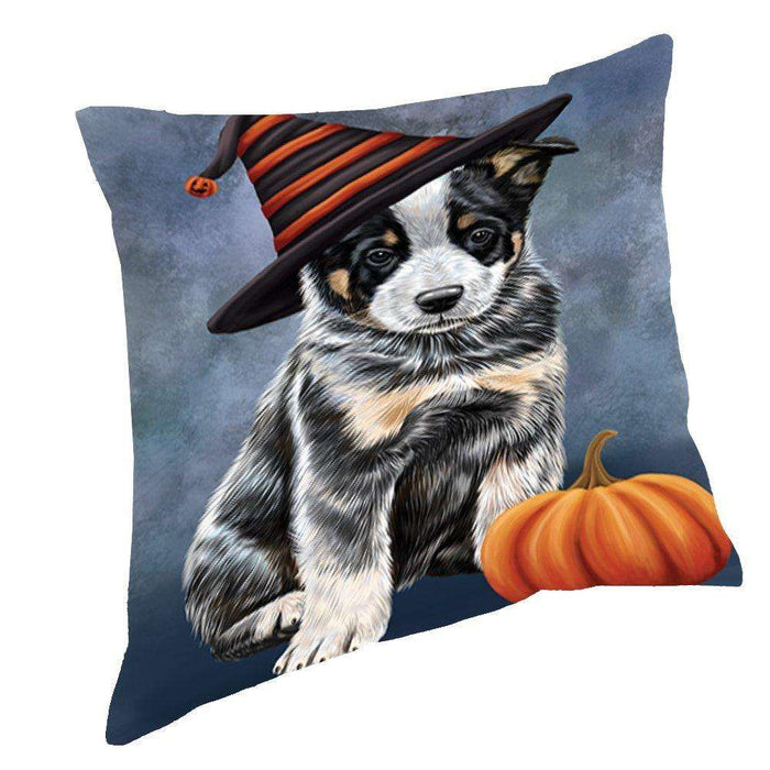 Happy Halloween Australian Cattle Dog Wearing Witch Hat with Pumpkin Throw Pillow