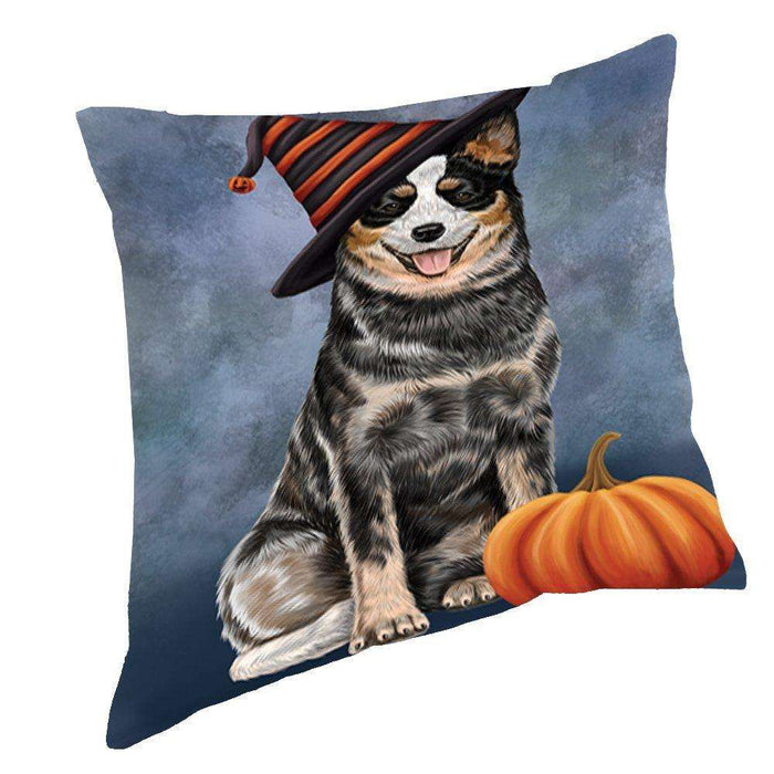 Happy Halloween Australian Cattle Dog Wearing Witch Hat with Pumpkin Throw Pillow