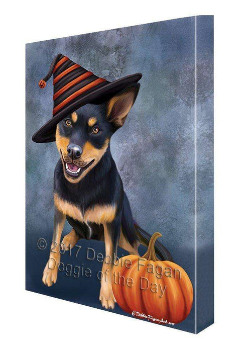 Happy Halloween Australian Kelpie Black And Tan Dog Wearing Witch Hat with Pumpkin Canvas Wall Art