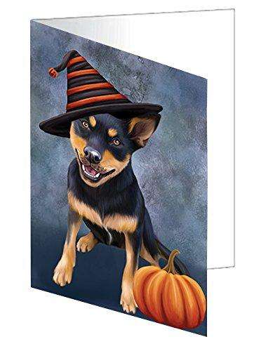 Happy Halloween Australian Kelpie Black And Tan Dog Wearing Witch Hat with Pumpkin Handmade Artwork Assorted Pets Greeting Cards and Note Cards with Envelopes for All Occasions and Holiday Seasons