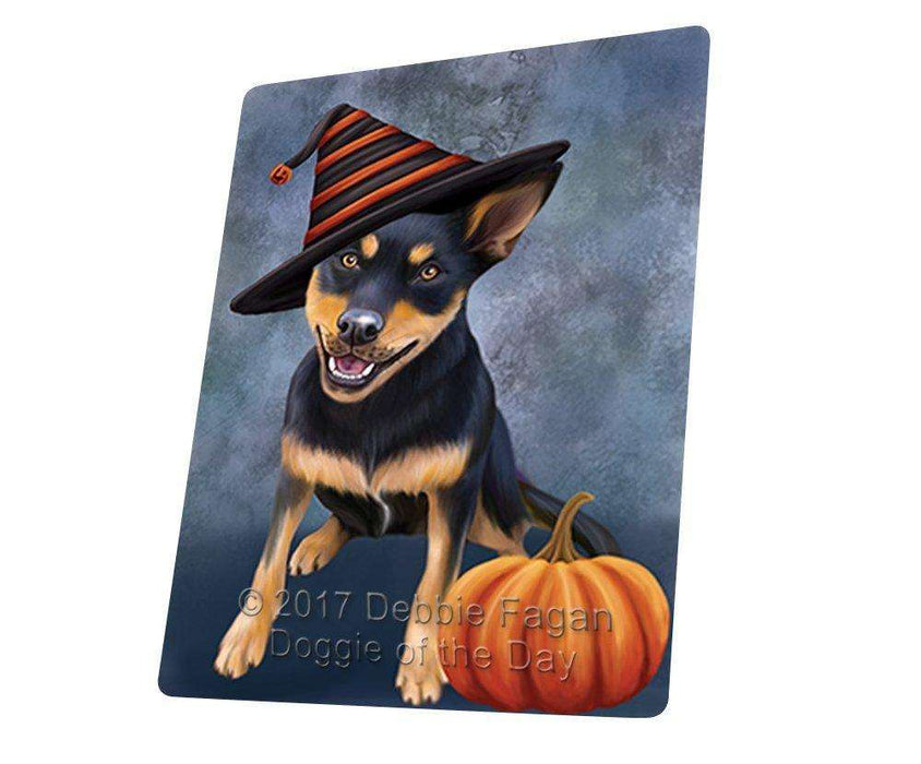 Happy Halloween Australian Kelpie Black And Tan Dog Wearing Witch Hat with Pumpkin Tempered Cutting Board