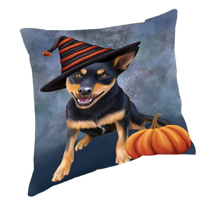 Happy Halloween Australian Kelpie Black And Tan Dog Wearing Witch Hat with Pumpkin Throw Pillow