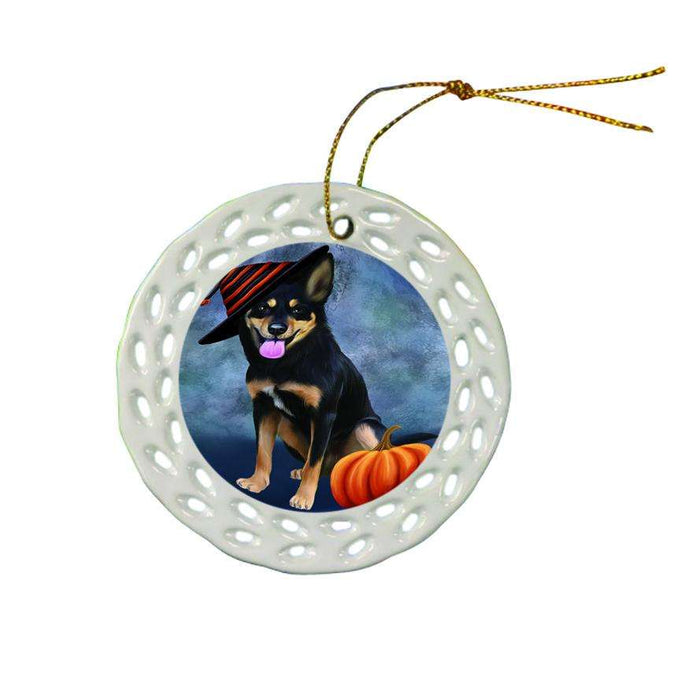 Happy Halloween Australian Kelpie Dog Wearing Witch Hat with Pumpkin Ceramic Doily Ornament DPOR55047