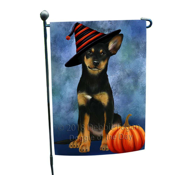 Happy Halloween Australian Kelpie Dog Wearing Witch Hat with Pumpkin Garden Flag GFLG55051