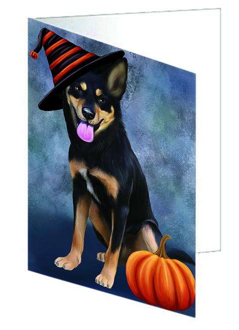 Happy Halloween Australian Kelpie Dog Wearing Witch Hat with Pumpkin Handmade Artwork Assorted Pets Greeting Cards and Note Cards with Envelopes for All Occasions and Holiday Seasons GCD68786