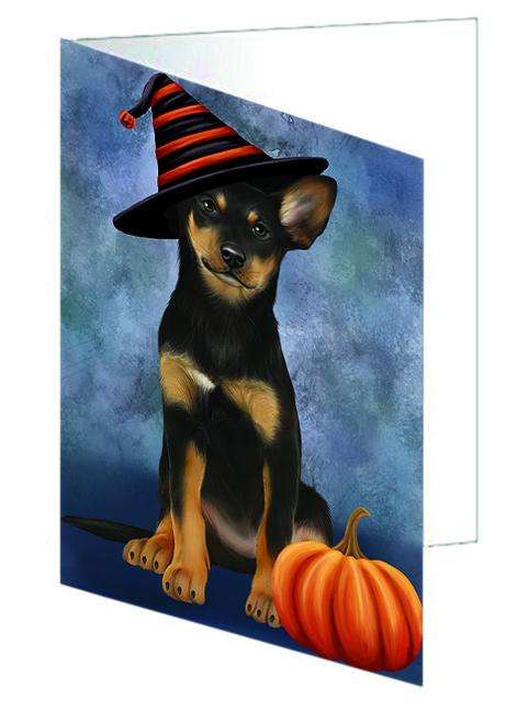 Happy Halloween Australian Kelpie Dog Wearing Witch Hat with Pumpkin Handmade Artwork Assorted Pets Greeting Cards and Note Cards with Envelopes for All Occasions and Holiday Seasons GCD68789