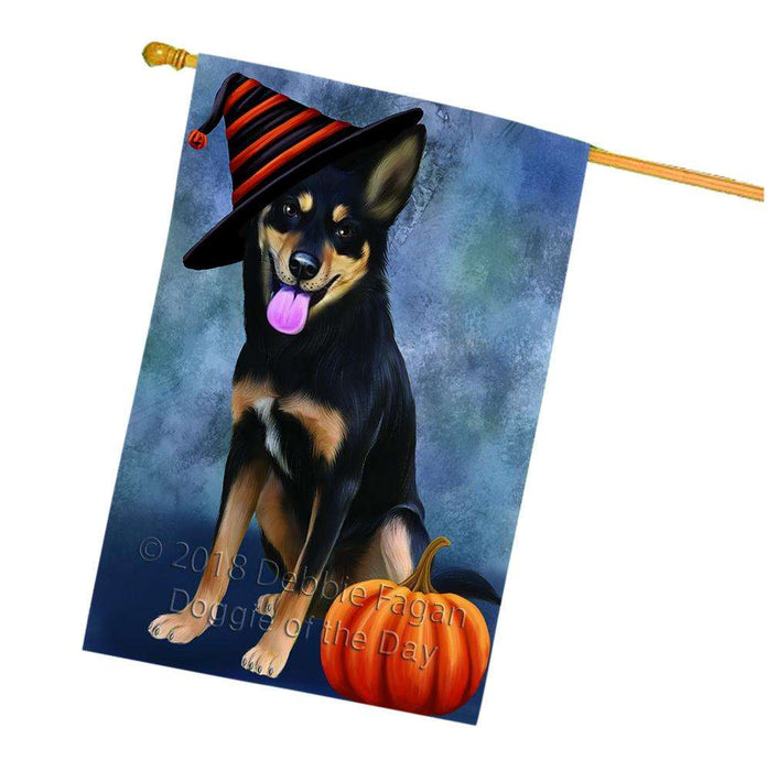 Happy Halloween Australian Kelpie Dog Wearing Witch Hat with Pumpkin House Flag FLG55186