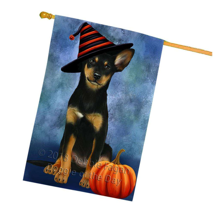 Happy Halloween Australian Kelpie Dog Wearing Witch Hat with Pumpkin House Flag FLG55187