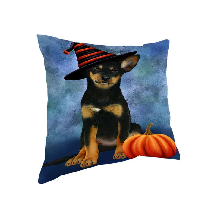 Happy Halloween Australian Kelpie Dog Wearing Witch Hat with Pumpkin Pillow PIL76304