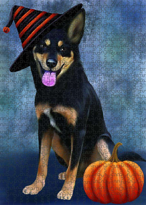 Happy Halloween Australian Kelpie Dog Wearing Witch Hat with Pumpkin Puzzle with Photo Tin PUZL87108