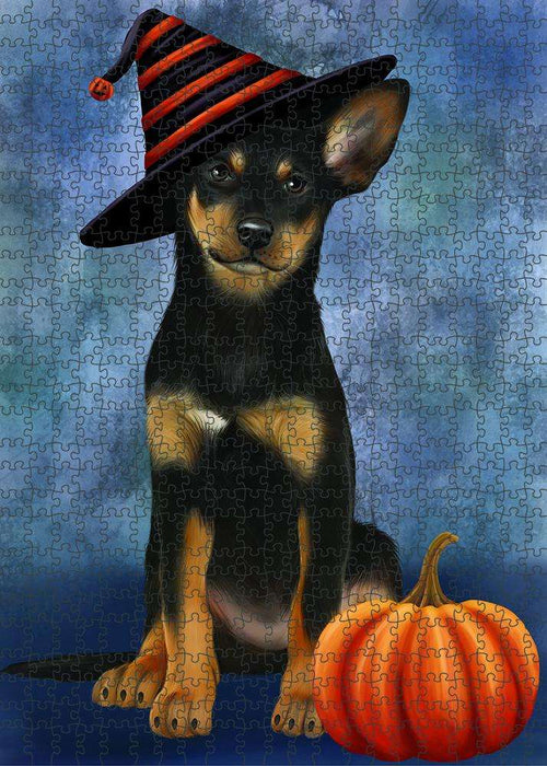 Happy Halloween Australian Kelpie Dog Wearing Witch Hat with Pumpkin Puzzle with Photo Tin PUZL87112