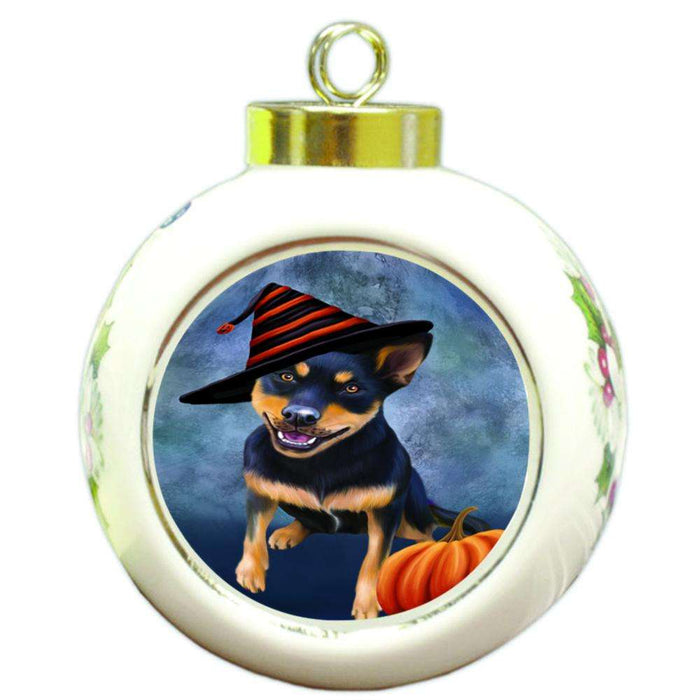 Happy Halloween Australian Kelpie Dog Wearing Witch Hat with Pumpkin Round Ball Christmas Ornament RBPOR54987