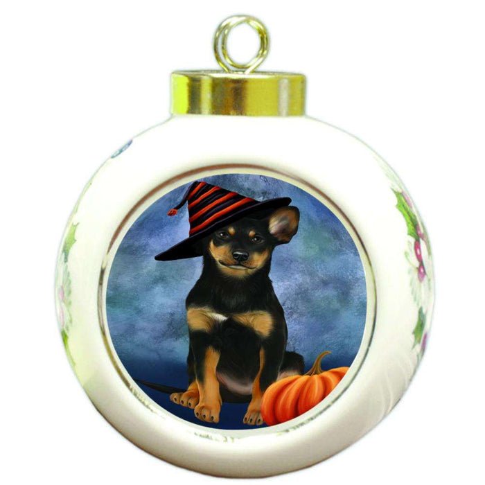 Happy Halloween Australian Kelpie Dog Wearing Witch Hat with Pumpkin Round Ball Christmas Ornament RBPOR55048