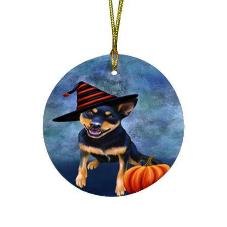 Happy Halloween Australian Kelpie Dog Wearing Witch Hat with Pumpkin Round Flat Christmas Ornament RFPOR54978