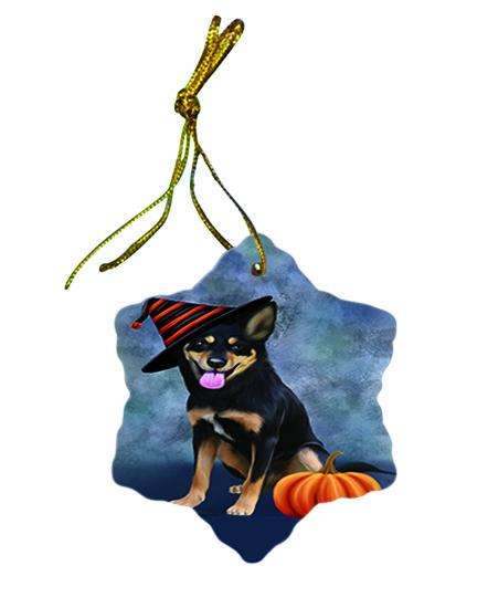 Happy Halloween Australian Kelpie Dog Wearing Witch Hat with Pumpkin Star Porcelain Ornament SPOR55038