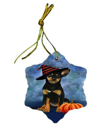 Happy Halloween Australian Kelpie Dog Wearing Witch Hat with Pumpkin Star Porcelain Ornament SPOR55039