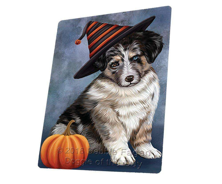 Happy Halloween Australian Shepherd Dog Wearing Witch Hat with Pumpkin Art Portrait Print Woven Throw Sherpa Plush Fleece Blanket