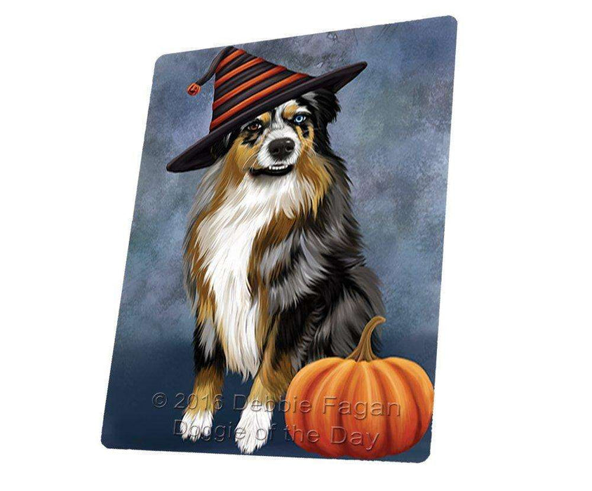 Happy Halloween Australian Shepherd Dog Wearing Witch Hat with Pumpkin Art Portrait Print Woven Throw Sherpa Plush Fleece Blanket