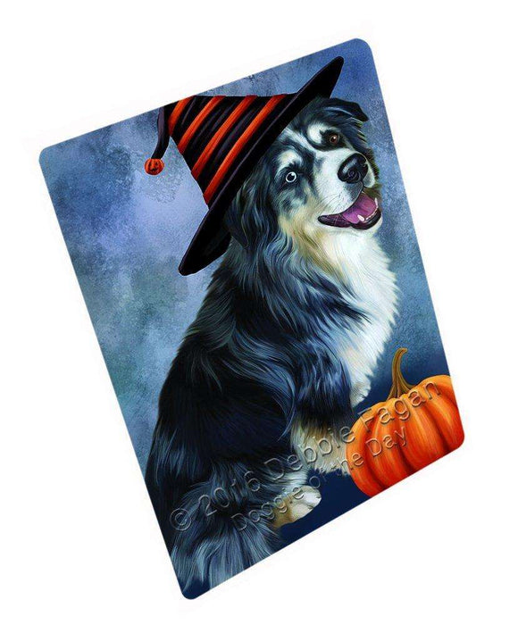 Happy Halloween Australian Shepherd Dog Wearing Witch Hat with Pumpkin Art Portrait Print Woven Throw Sherpa Plush Fleece Blanket