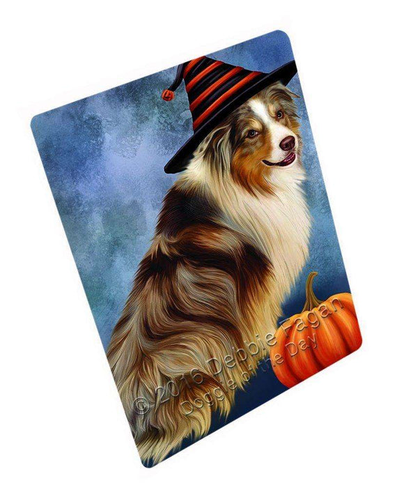 Happy Halloween Australian Shepherd Dog Wearing Witch Hat with Pumpkin Art Portrait Print Woven Throw Sherpa Plush Fleece Blanket