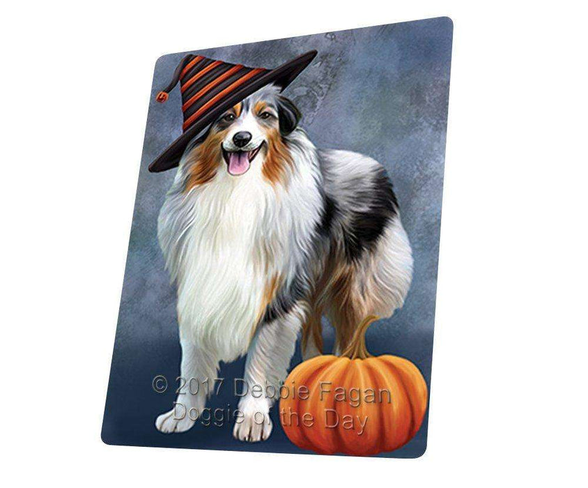 Happy Halloween Australian Shepherd Dog Wearing Witch Hat with Pumpkin Art Portrait Print Woven Throw Sherpa Plush Fleece Blanket