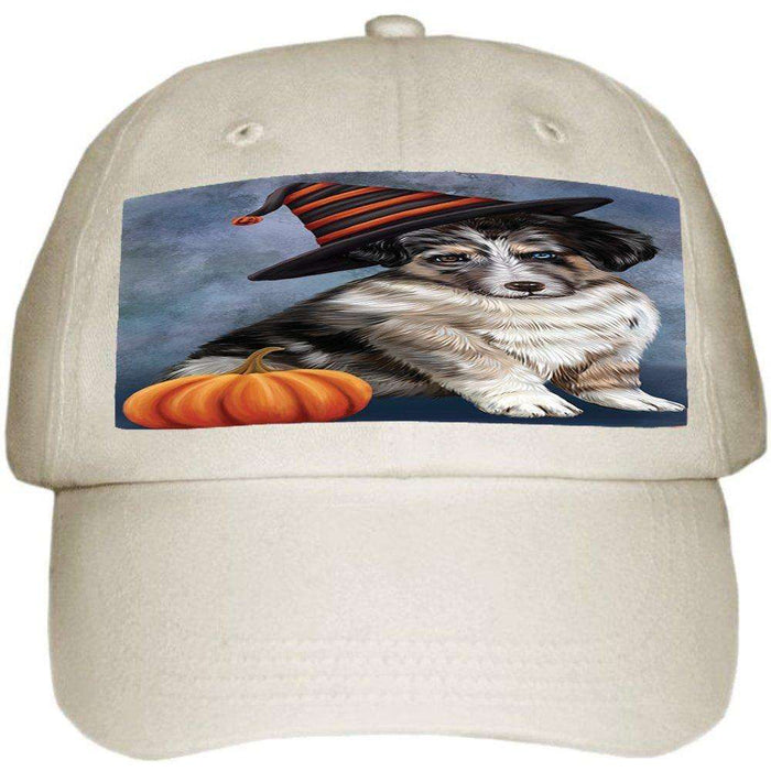 Happy Halloween Australian Shepherd Dog Wearing Witch Hat with Pumpkin Ball Hat Cap