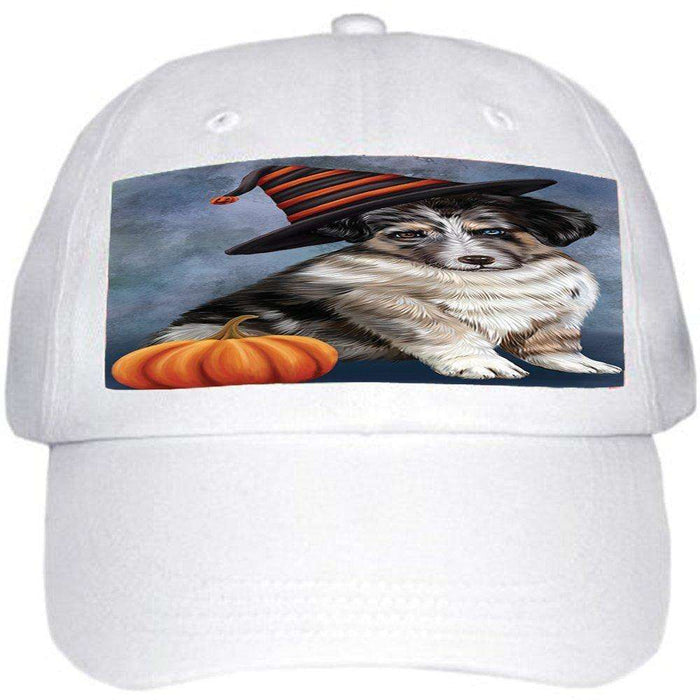 Happy Halloween Australian Shepherd Dog Wearing Witch Hat with Pumpkin Ball Hat Cap