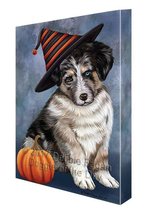 Happy Halloween Australian Shepherd Dog Wearing Witch Hat with Pumpkin Canvas Wall Art