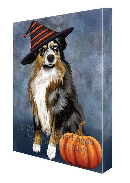 Happy Halloween Australian Shepherd Dog Wearing Witch Hat with Pumpkin Canvas Wall Art