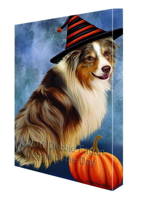 Happy Halloween Australian Shepherd Dog Wearing Witch Hat with Pumpkin Canvas Wall Art