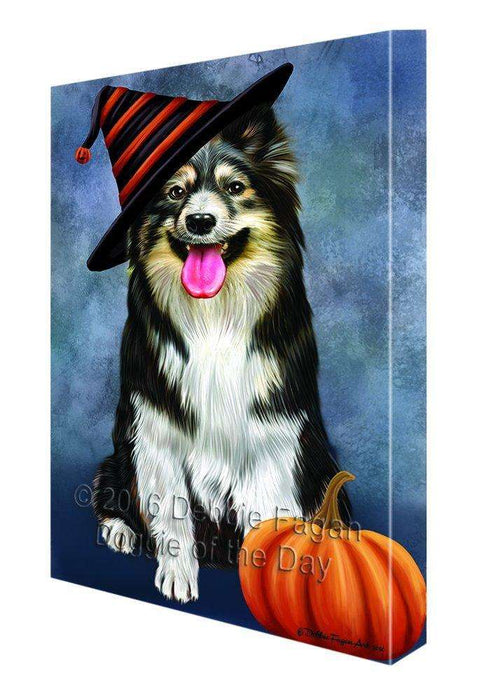 Happy Halloween Australian Shepherd Dog Wearing Witch Hat with Pumpkin Canvas Wall Art