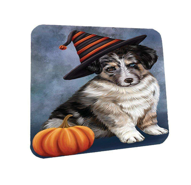 Happy Halloween Australian Shepherd Dog Wearing Witch Hat with Pumpkin Coasters Set of 4