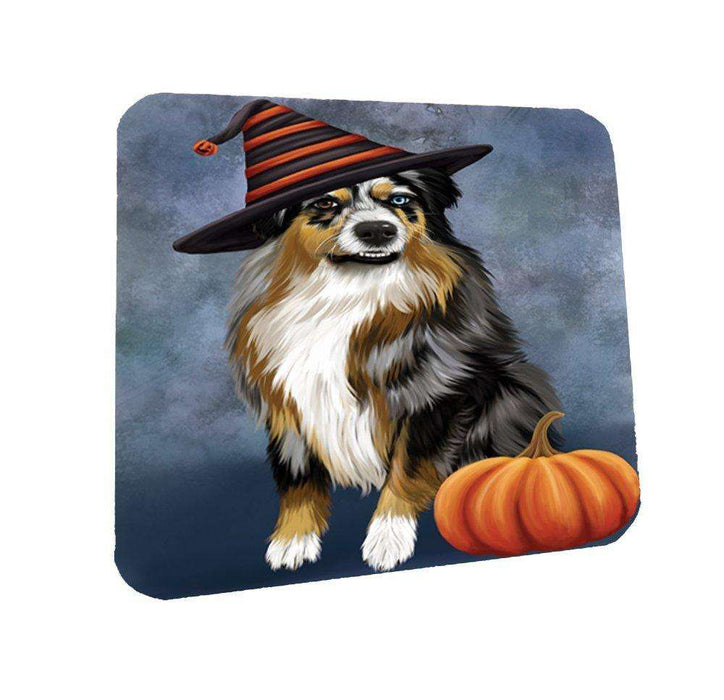 Happy Halloween Australian Shepherd Dog Wearing Witch Hat with Pumpkin Coasters Set of 4