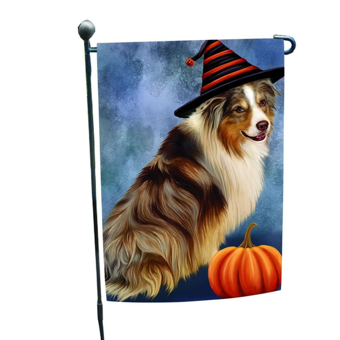 Happy Halloween Australian Shepherd Dog Wearing Witch Hat with Pumpkin Garden Flag