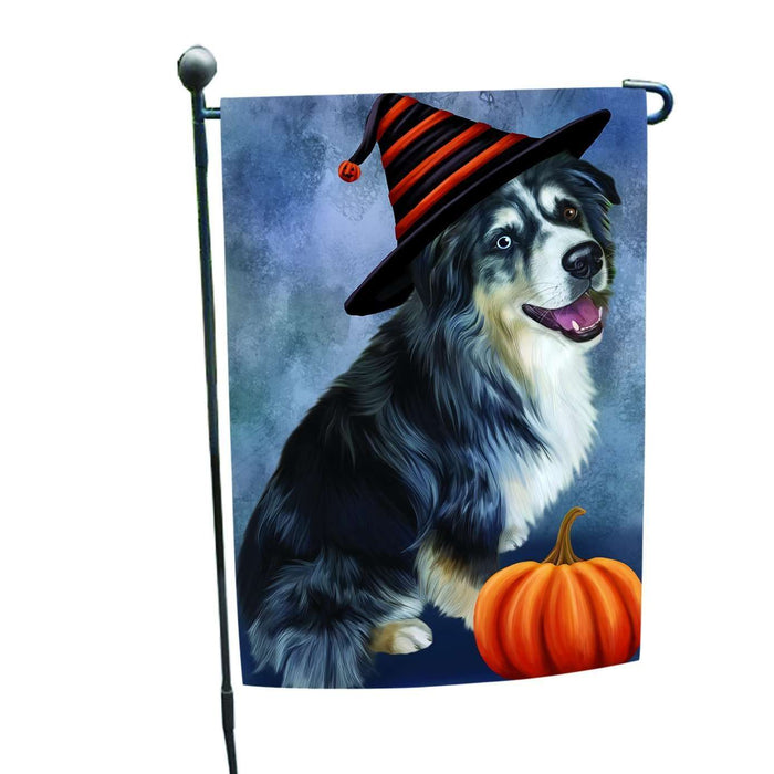 Happy Halloween Australian Shepherd Dog Wearing Witch Hat with Pumpkin Garden Flag