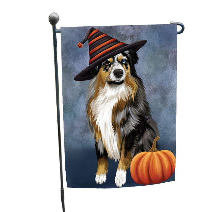 Happy Halloween Australian Shepherd Dog Wearing Witch Hat with Pumpkin Garden Flag