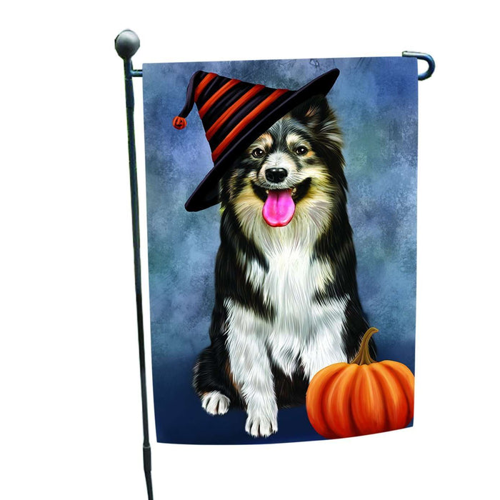 Happy Halloween Australian Shepherd Dog Wearing Witch Hat with Pumpkin Garden Flag