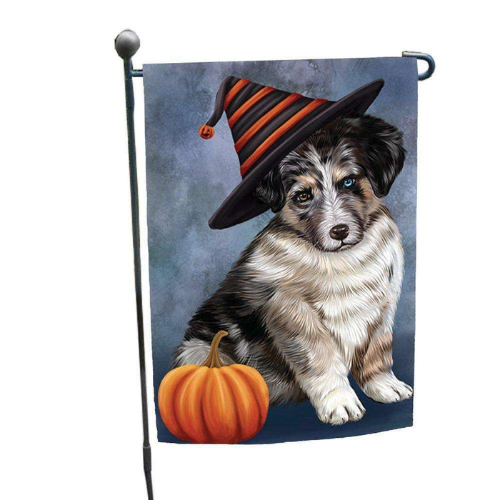 Happy Halloween Australian Shepherd Dog Wearing Witch Hat with Pumpkin Garden Flag